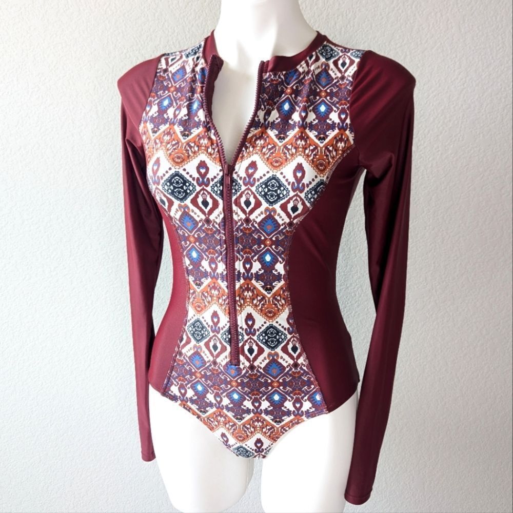 Maroon Patterned Long Sleeve Women's Swim Suit